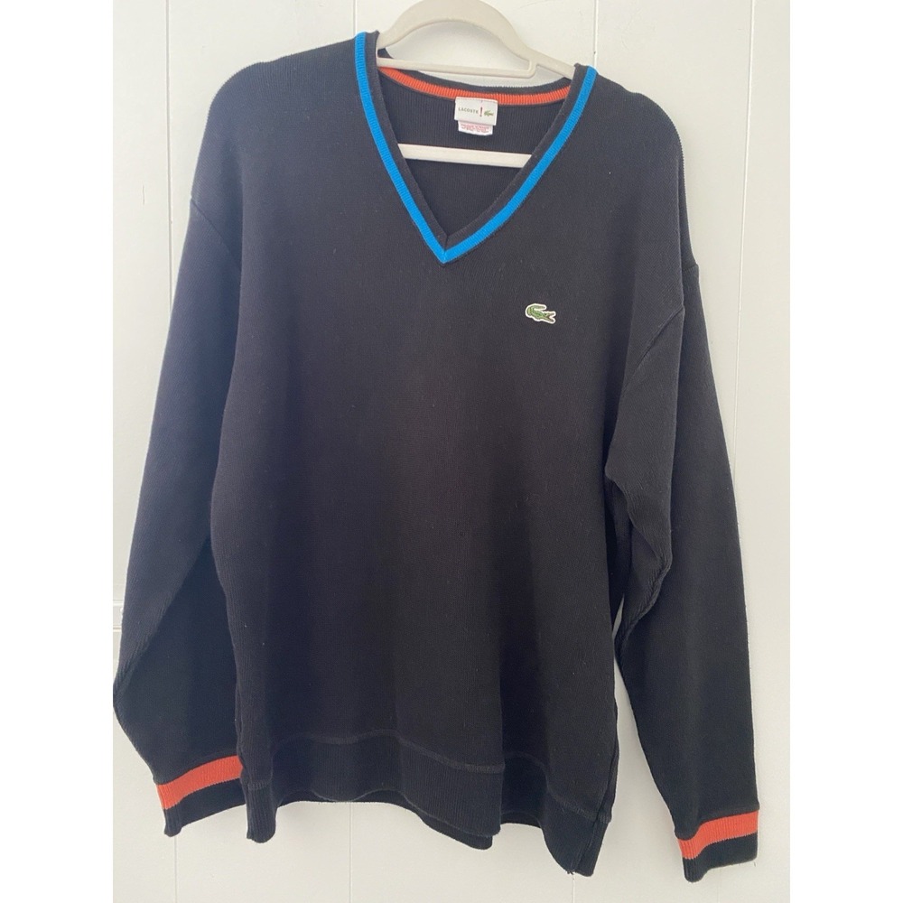 Vintage 90's Lacoste Made in France V-Neck Sweater Black Size 7 XL
